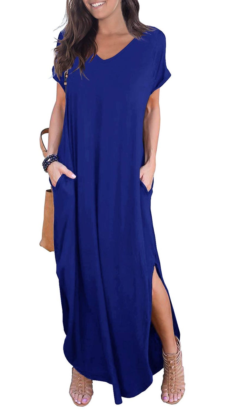 GRECERELLE Women's Maxi Dress Summer Casual Loose Side Split Short Sleeve V Neck Long Dresses with Pockets, Royal Blue, Large - Image 1